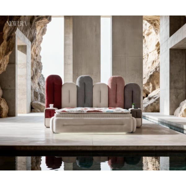 Pat Boxspring HARMONIE cu ladă de depozitare, structura metalica, material și saltea premium cu topper integrat, LED-uri incorporate in cadrul patului